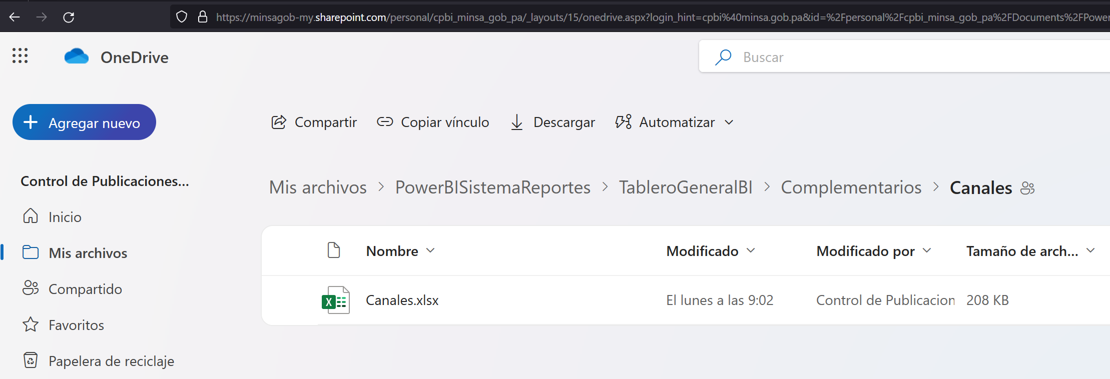 imagen, archivo “Canales.xlsx” del OneDrive compartido