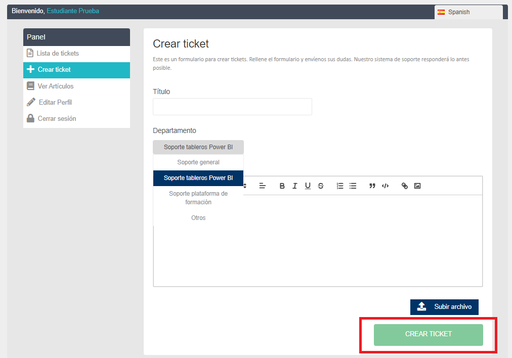 imagen de como crear un ticket en la plataforma de soporte para tableros reportes Power BI