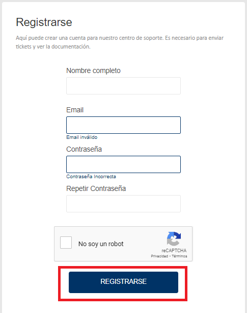 imagen de registro en plataforma de soporte